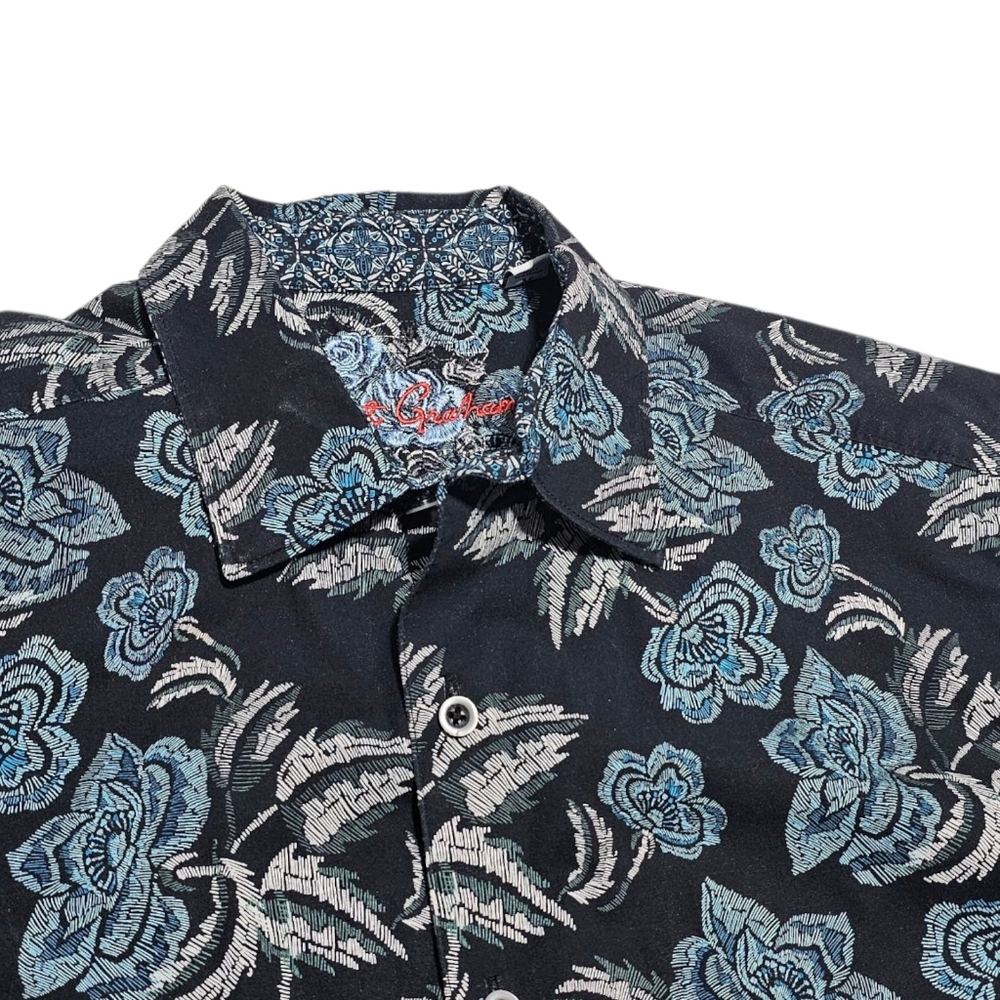 Robert Graham Floral Tropical Print Black Blue Paisley Short Sleeve Shirt Medium